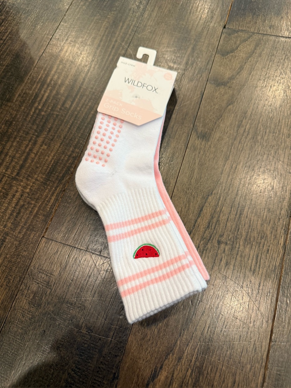 Wildfox White Crew Grip Socks with Pink Trim and Watermelon Patch - Picture 4 of 9